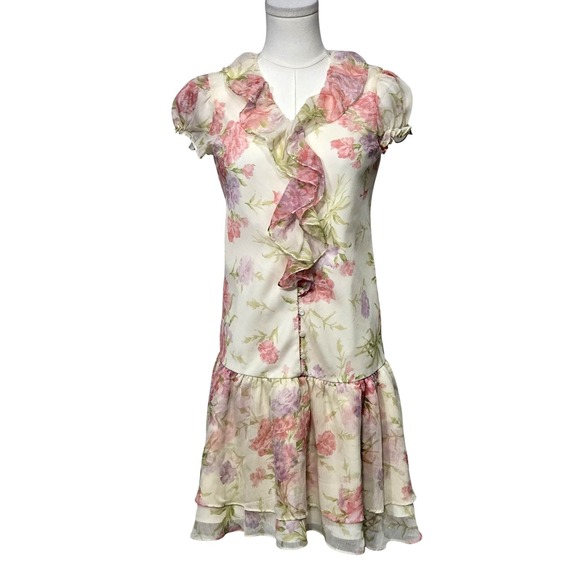 Ralph Lauren Dress Womens 16 White Floral Chiffon Ruffle Layered Fit & Flare